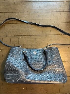 Tory Burch Navy Laser-Cut Leather Satchel with Detachable Strap